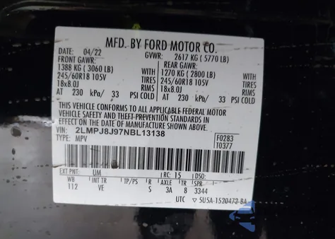 2022 Lincoln Nautilus Standard z USA, uszkodzony, nr VIN 2LMPJ8J97NBL13138